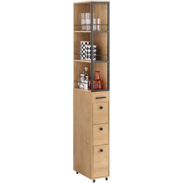 SoBuy Badkommode NSR13, Hochschrank Badezimmerschrank Badrollwagen, Schmales Regal, Nischenregal mit 4 Schubladen, 3 offenen Fächern, Hochschrank schmal