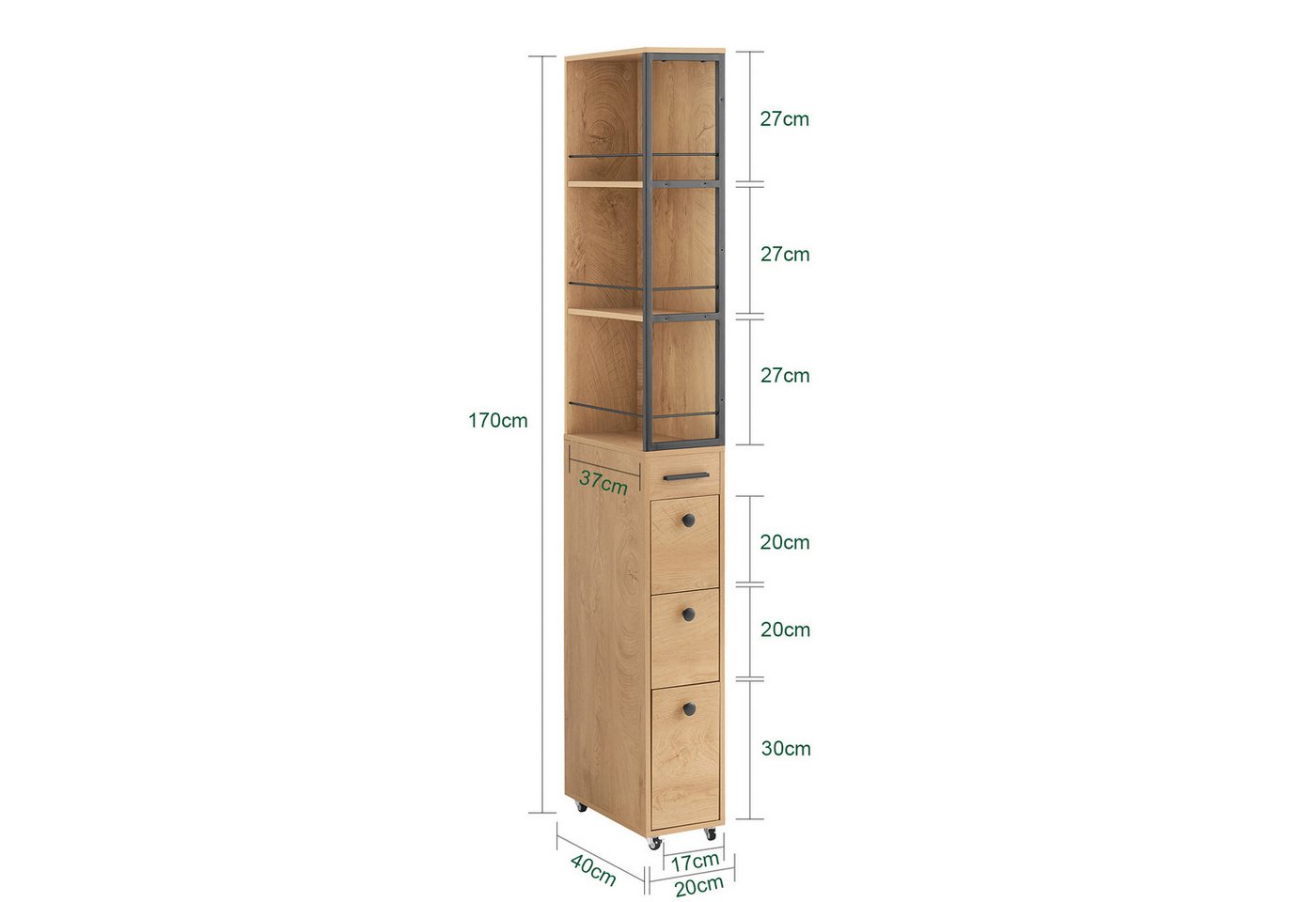 SoBuy Badkommode NSR13, Hochschrank Badezimmerschrank Badrollwagen, Schmales Regal, Nischenregal mit 4 Schubladen, 3 offenen Fächern, Hochschrank schmal – Bild 4 von 5