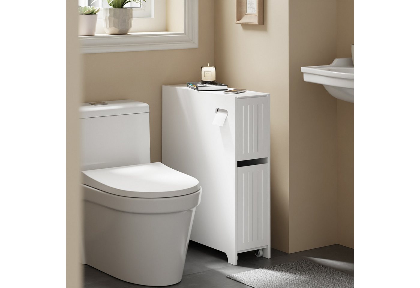 SoBuy Badregal BZR111, Badezimmerschrank schmal, Toilettenpapier-Aufbewahrung, Nischenregal mit Rollen Küchenregal Rollwagen Nischenschrank – Bild 2 von 5