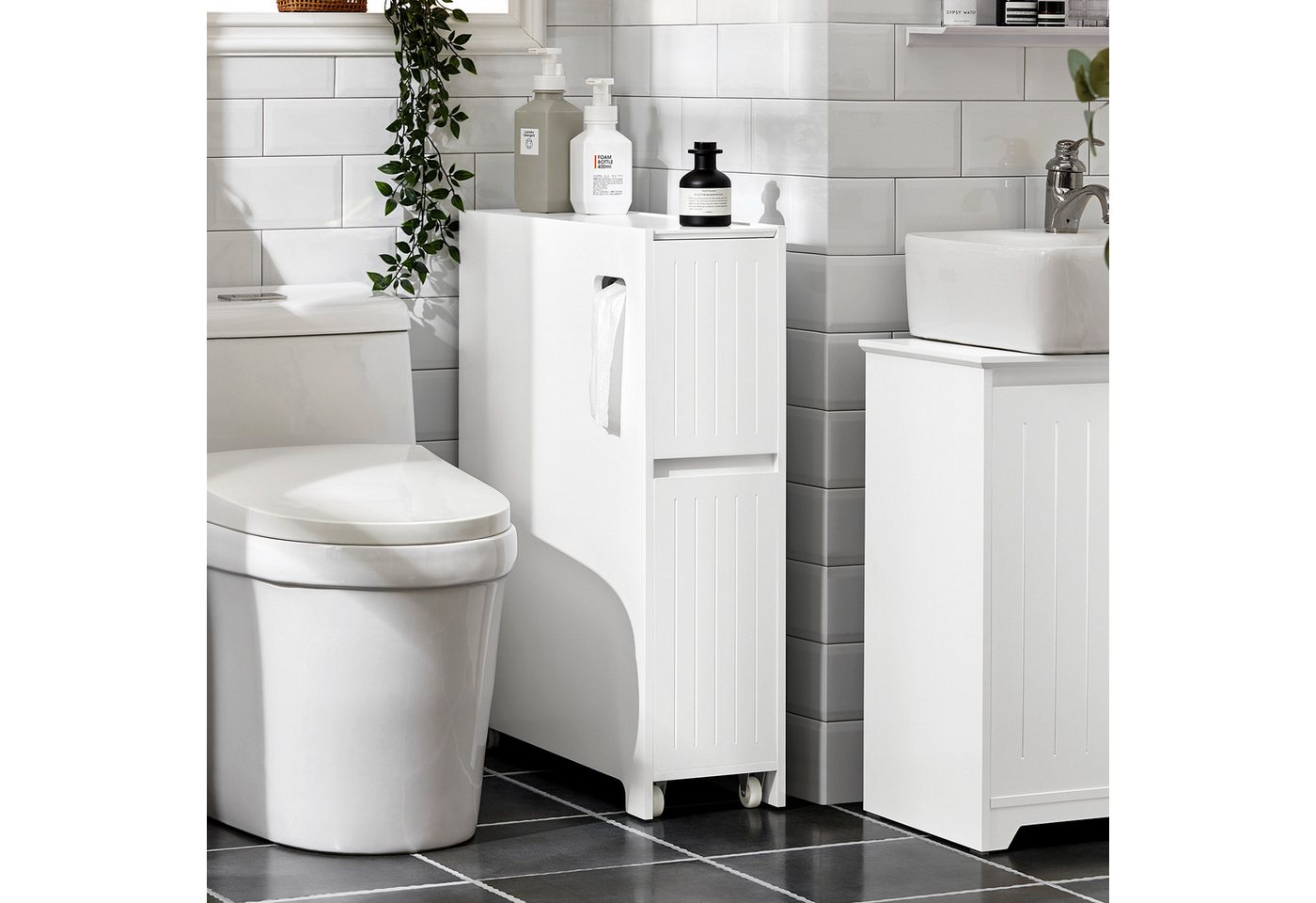 SoBuy Badregal BZR111, Badezimmerschrank schmal, Toilettenpapier-Aufbewahrung, Nischenregal mit Rollen Küchenregal Rollwagen Nischenschrank – Bild 2 von 5