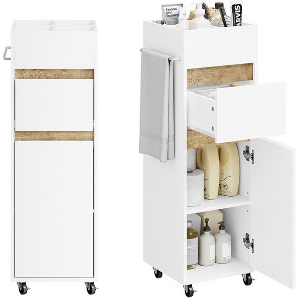 SoBuy Badregal BZR225, Badezimmerschrank schmal, Rollwagen Nischenregal Beistellwagen, Nischenschrank schmal, mit Rollen, Tuchhalter und Einlegeböden, Bad