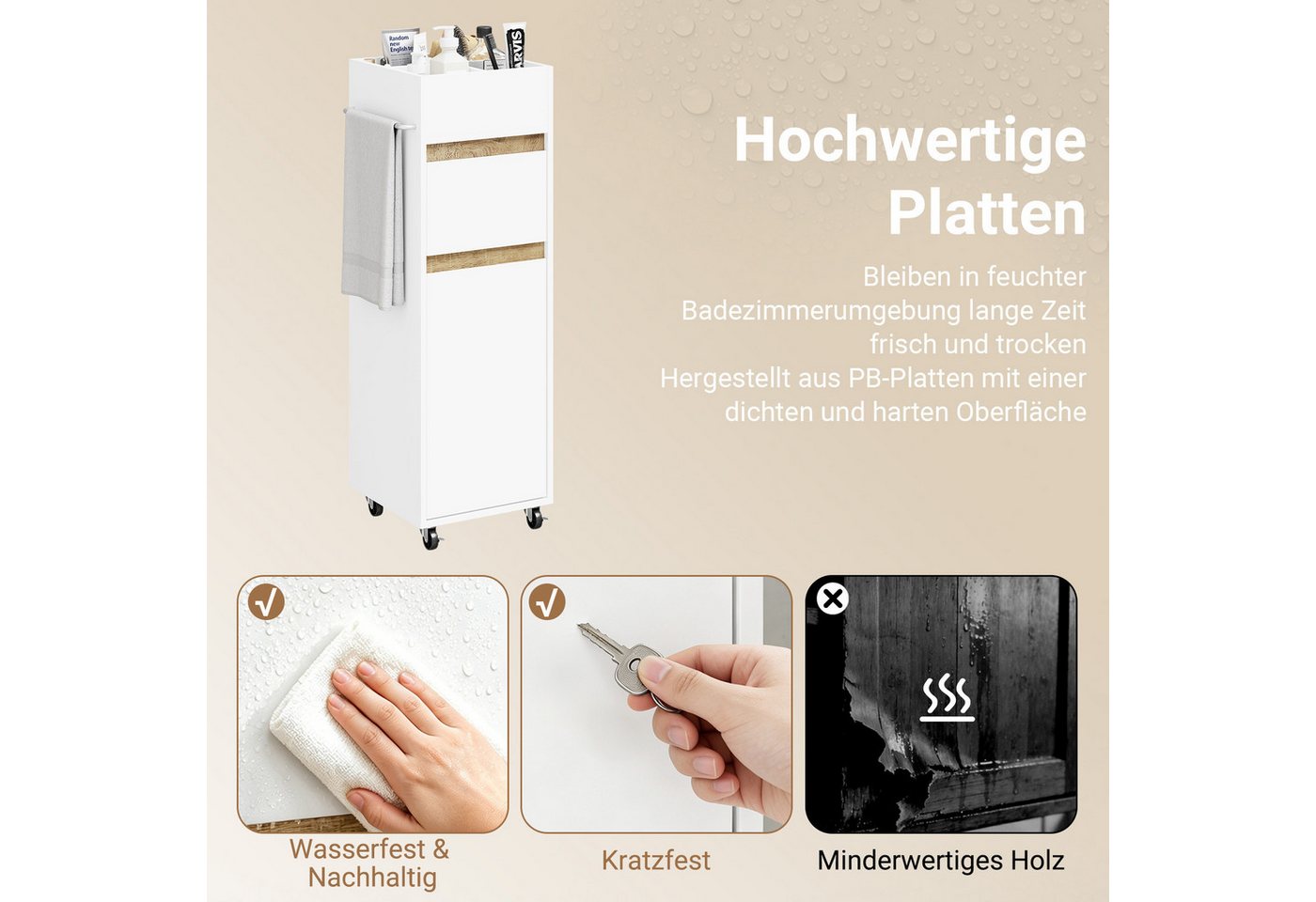 SoBuy Badregal BZR225, Badezimmerschrank schmal, Rollwagen Nischenregal Beistellwagen, Nischenschrank schmal, mit Rollen, Tuchhalter und Einlegeböden, Bad – Bild 5 von 5