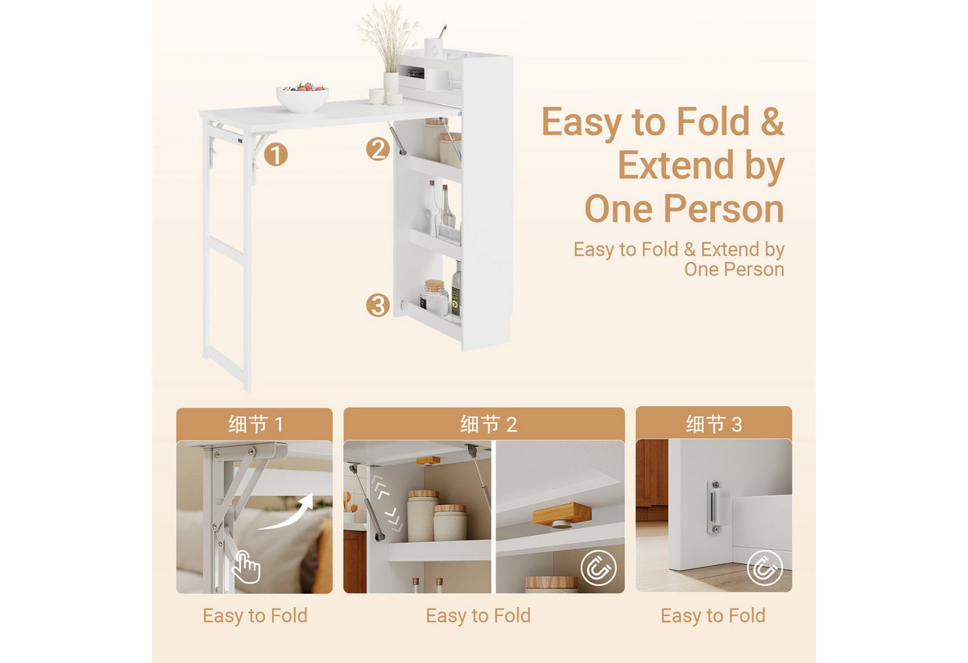 SoBuy Bartisch FWT115, 2-in-1 Esstisch & schmaler Schrank, Küchentheke klappbar (1er Set), Klappbare Arbeitsfläche mit Stauraum, ideal für Küche und Esszimmer – Bild 3 von 5