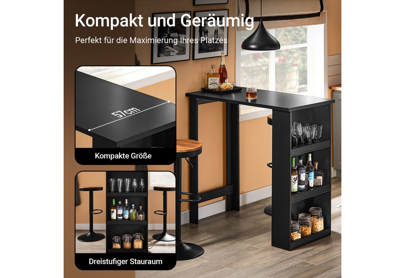SoBuy Bartisch FWT17, Tresentisch, Küche, Wohnzimmer, Büro, Küchentisch mit 3 Regalfächern Stehtisch Tresen Theke Bistrotisch – Bild 2 von 5