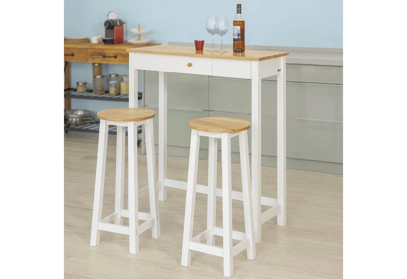 SoBuy Bartisch FWT50, Essgruppe, Esstisch Set 3-teilig Bartisch mit 2 Stühlen, Stehtisch, Bistrotisch mit 2 Hockern, Küchentisch Set Esszimmer Balkon – Bild 2 von 5