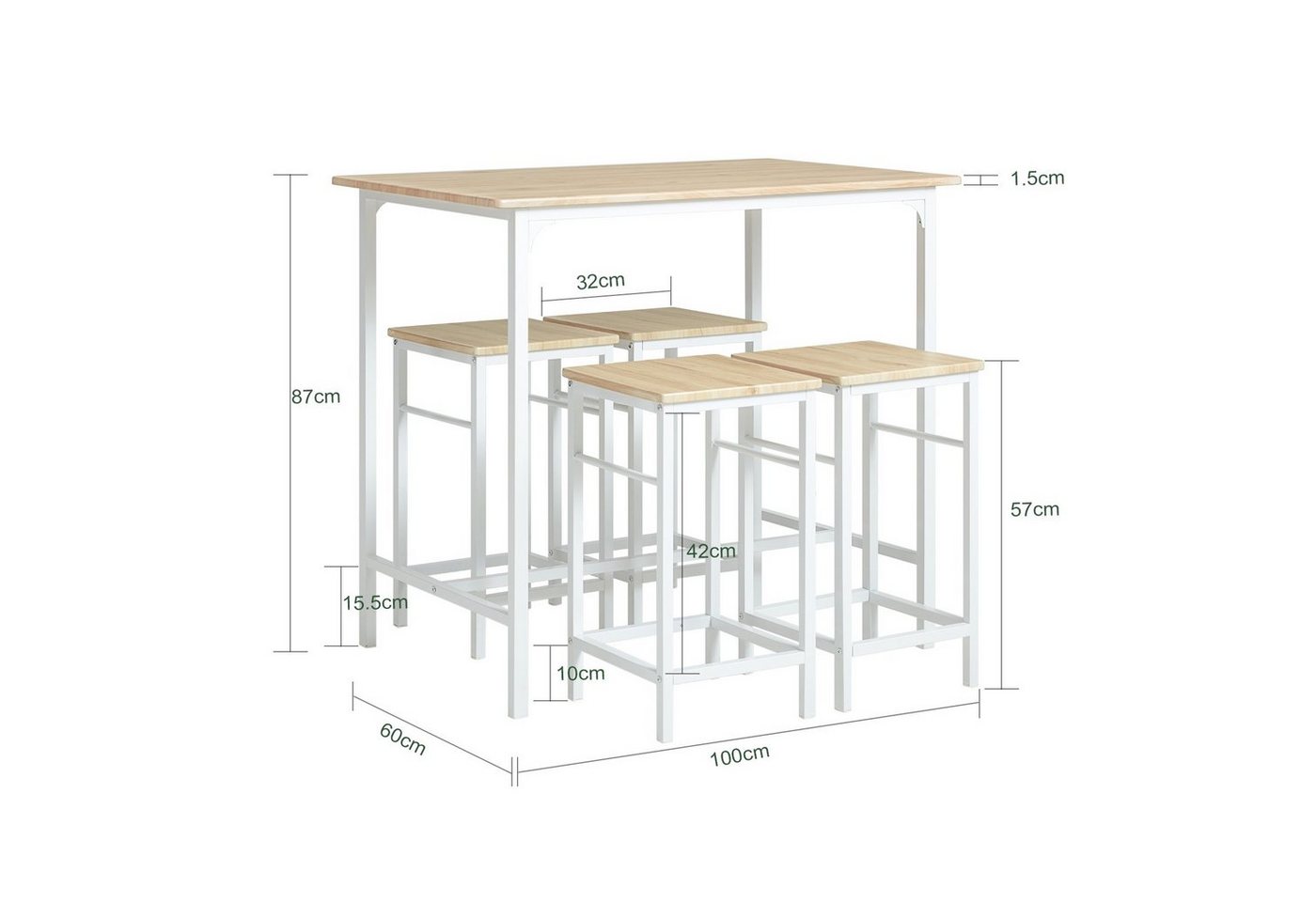 SoBuy Bartisch OGT11, Essgruppe Küchentisch Set für Esszimmer Balkon Garten, Bartisch Set 5-teilig Esstisch Bistrotisch mit 4 Stühlen Sitzgruppe – Bild 4 von 5