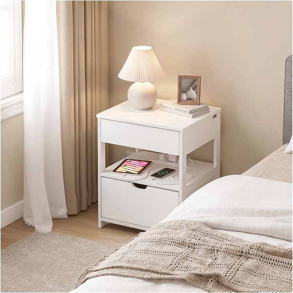 SoBuy Beistelltisch FRG258, Nachttisch schmal, Nachtschrank mit Schubladen Nachtkommode, mit 4-in-1 Ladefunktion & Ablage, Schlafzimmer Wohnzimmer Jugendliche