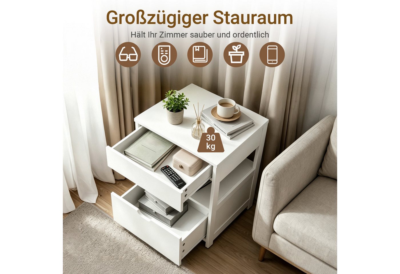SoBuy Beistelltisch FRG258, Nachttisch schmal, Nachtschrank mit Schubladen Nachtkommode, mit 4-in-1 Ladefunktion & Ablage, Schlafzimmer Wohnzimmer Jugendliche – Bild 3 von 5