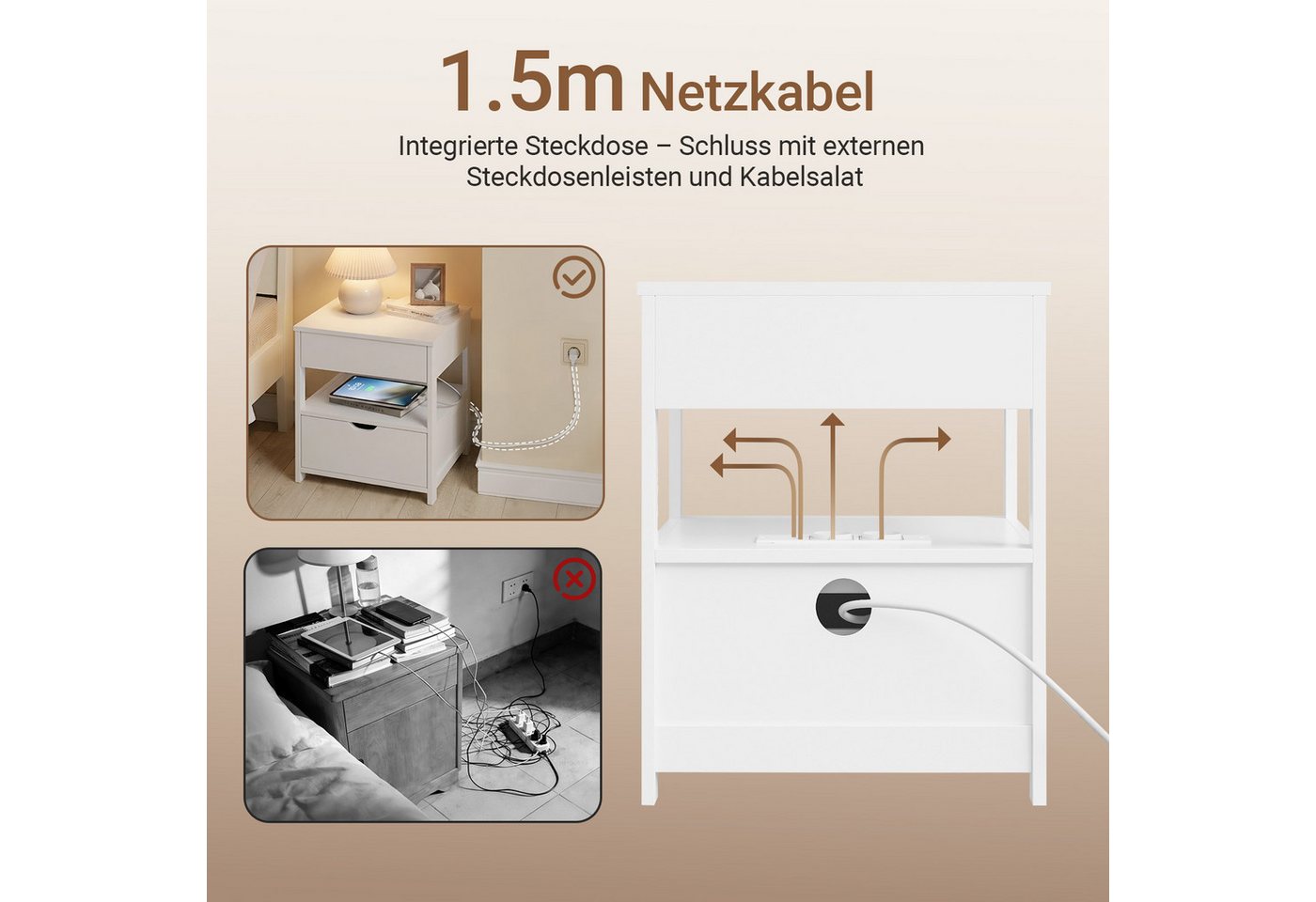 SoBuy Beistelltisch FRG258, Nachttisch schmal, Nachtschrank mit Schubladen Nachtkommode, mit 4-in-1 Ladefunktion & Ablage, Schlafzimmer Wohnzimmer Jugendliche – Bild 5 von 5