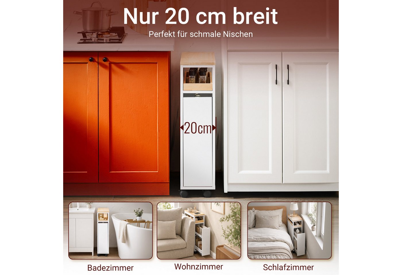 SoBuy Beistellwagen NSR14, Nischenwagen 20cm, Badezimmerschrank mit 2 Schubladen schmal, mit abnehmbarem Tablett und Rollen, Beistellwagen für Essbereich Bad – Bild 2 von 5