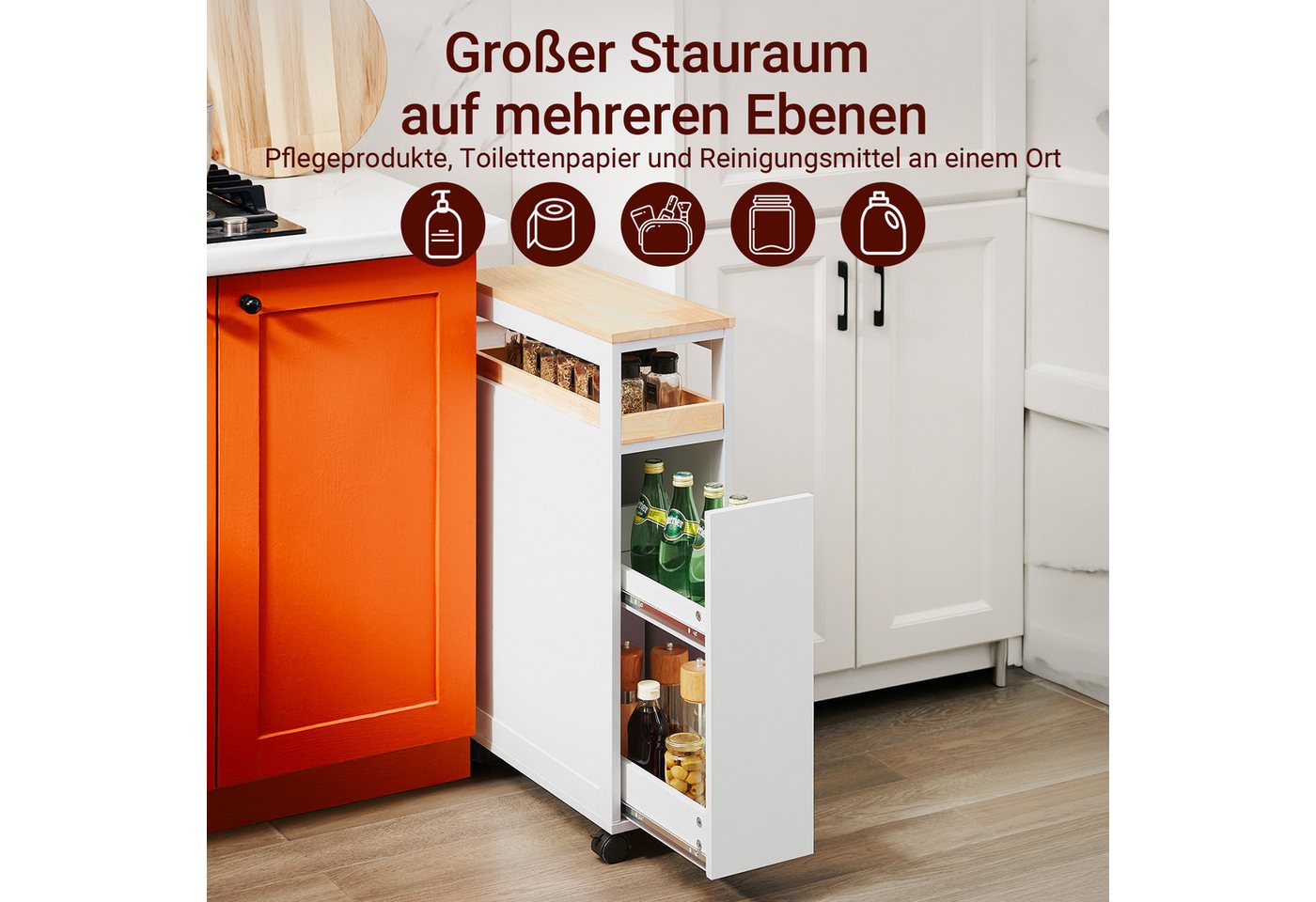 SoBuy Beistellwagen NSR14, Nischenwagen 20cm, Badezimmerschrank mit 2 Schubladen schmal, mit abnehmbarem Tablett und Rollen, Beistellwagen für Essbereich Bad – Bild 4 von 5