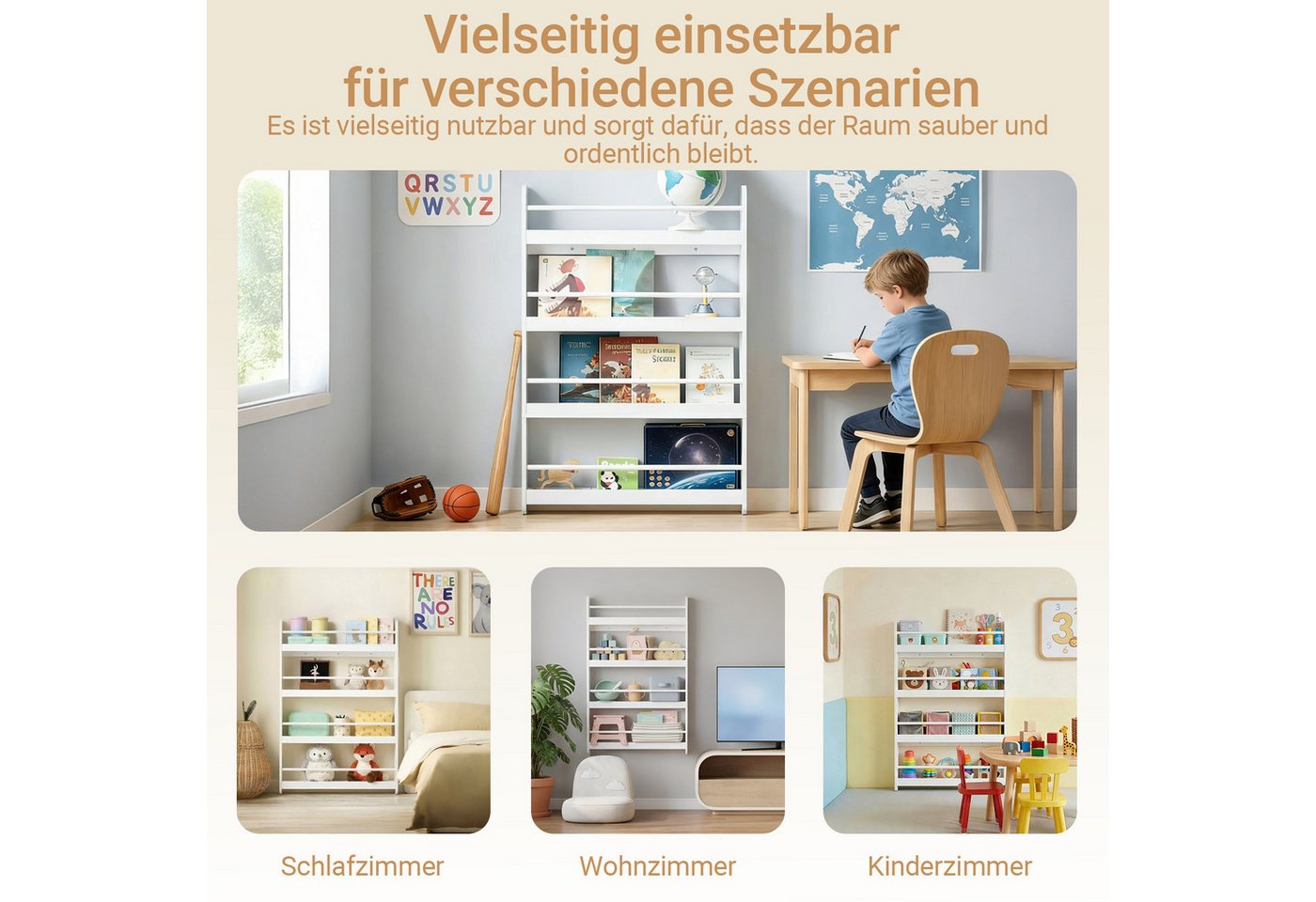 SoBuy Bücherregal DE-KMB08, Spielzeugtruhe Spielzeugregal für Kinderzimmer, Spielzimmer, mit 4 Ablagen, Kiefernholz, Kinderregal, Bücherregal Kinder, Wandregal – Bild 4 von 5