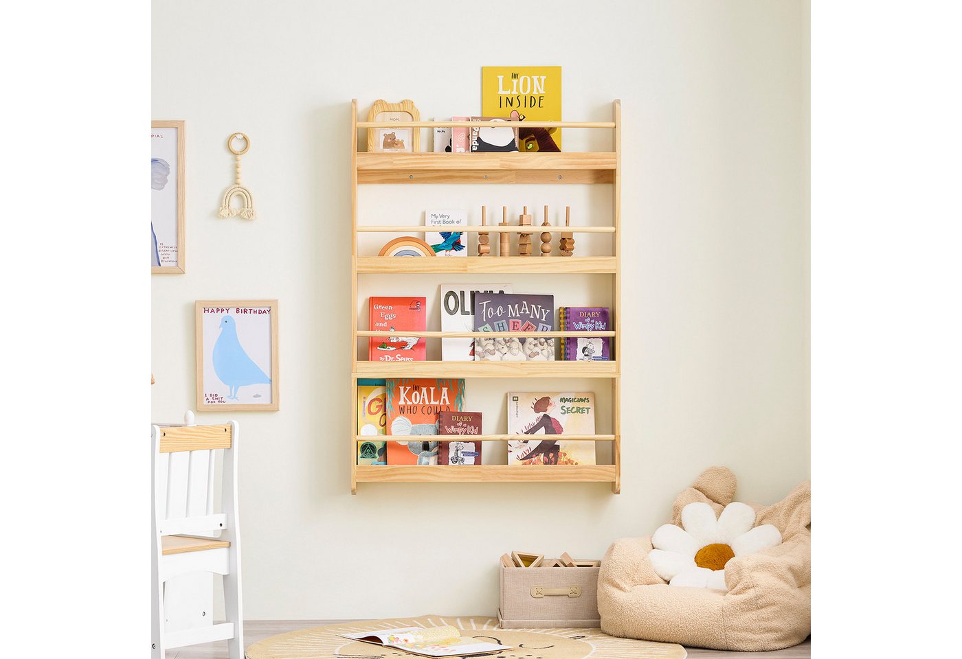 SoBuy Bücherregal DE-KMB08, Spielzeugtruhe Spielzeugregal für Kinderzimmer, Spielzimmer, mit 4 Ablagen, Kiefernholz, Kinderregal, Bücherregal Kinder, Wandregal – Bild 2 von 5