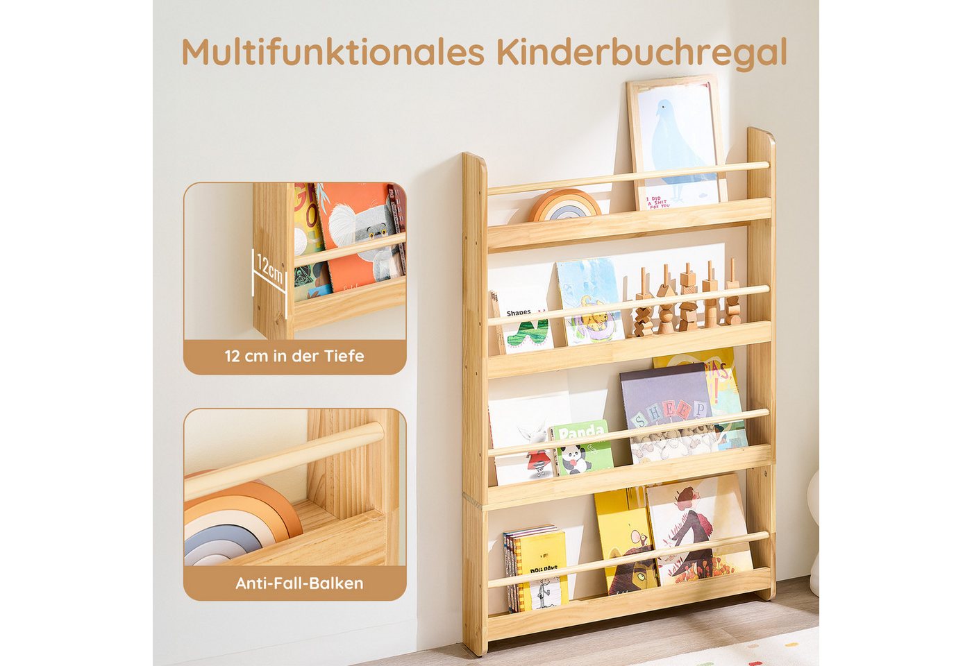 SoBuy Bücherregal DE-KMB08, Spielzeugtruhe Spielzeugregal für Kinderzimmer, Spielzimmer, mit 4 Ablagen, Kiefernholz, Kinderregal, Bücherregal Kinder, Wandregal – Bild 3 von 5