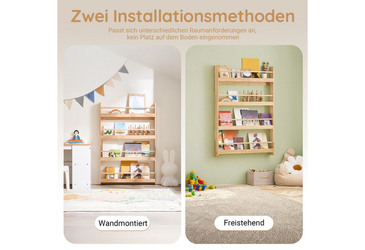 SoBuy Bücherregal DE-KMB08, Spielzeugtruhe Spielzeugregal für Kinderzimmer, Spielzimmer, mit 4 Ablagen, Kiefernholz, Kinderregal, Bücherregal Kinder, Wandregal – Bild 4 von 5