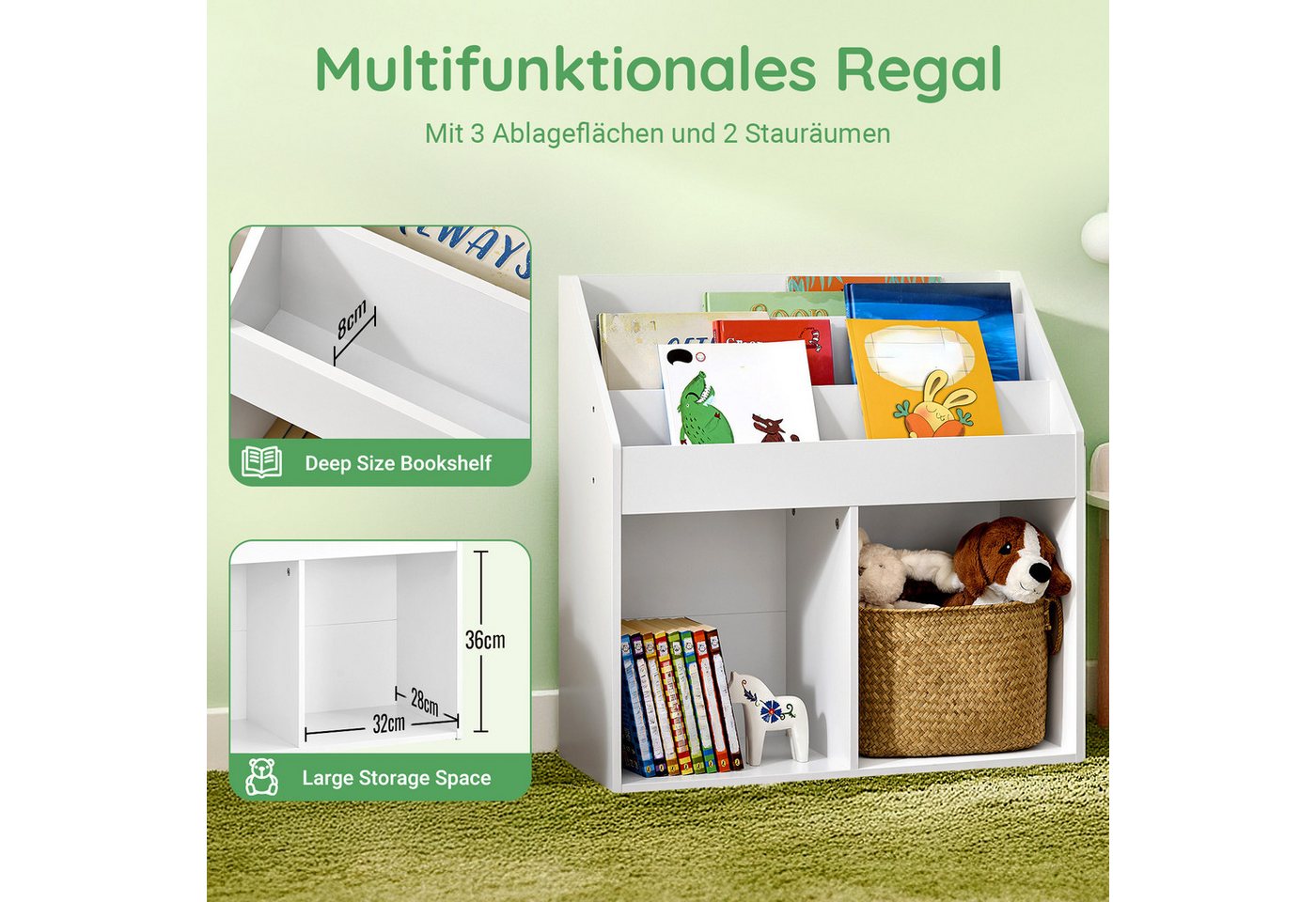 SoBuy Bücherregal KMB01, Spielzeugregal Spielzeugtruhe Standregal Montessori Regal, Kinderregal mit 3 Ablagefächern und 2 offenen Fächern Bücherregal – Bild 2 von 5