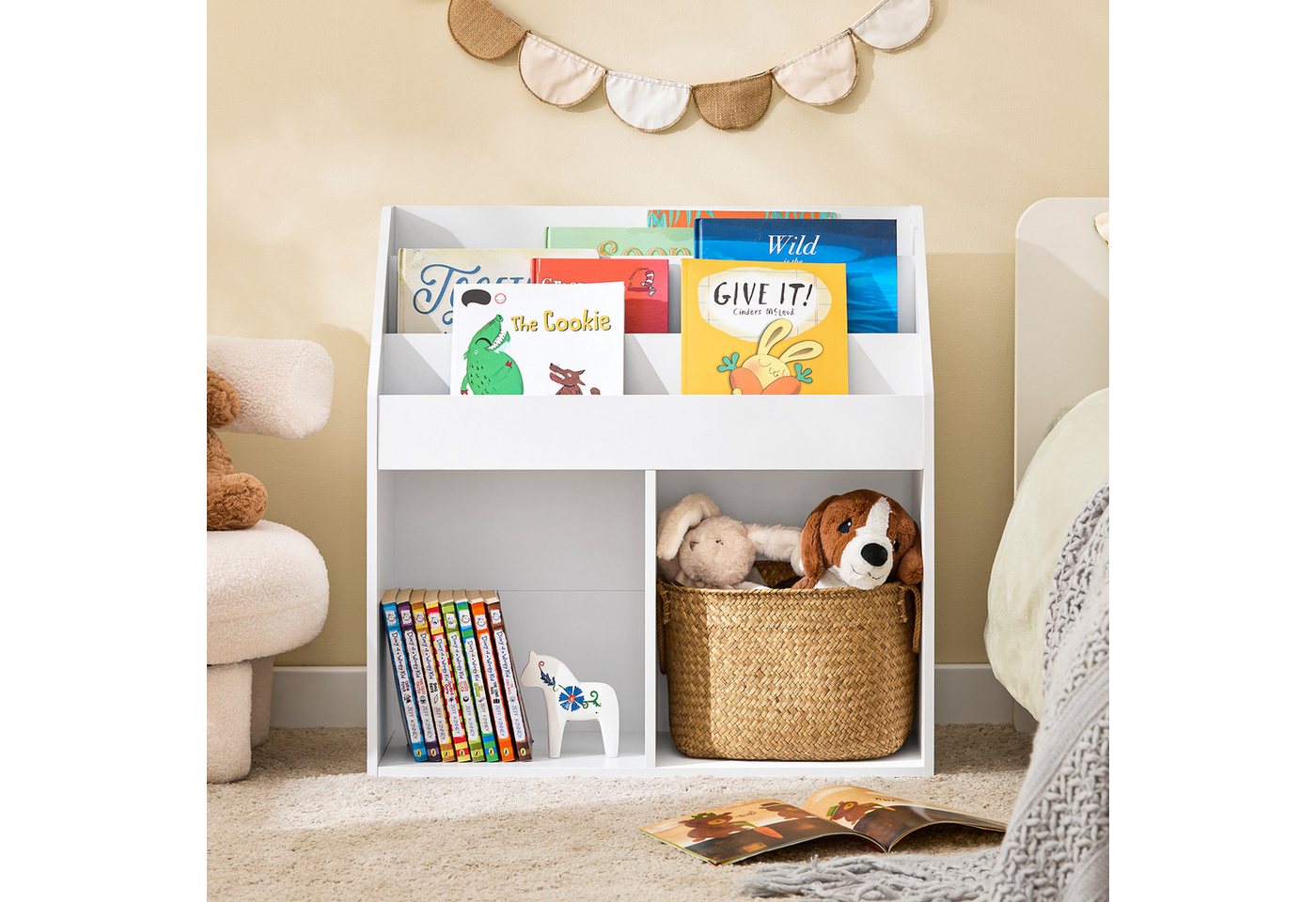 SoBuy Bücherregal KMB01, Spielzeugregal Spielzeugtruhe Standregal Montessori Regal, Kinderregal mit 3 Ablagefächern und 2 offenen Fächern Bücherregal – Bild 3 von 5