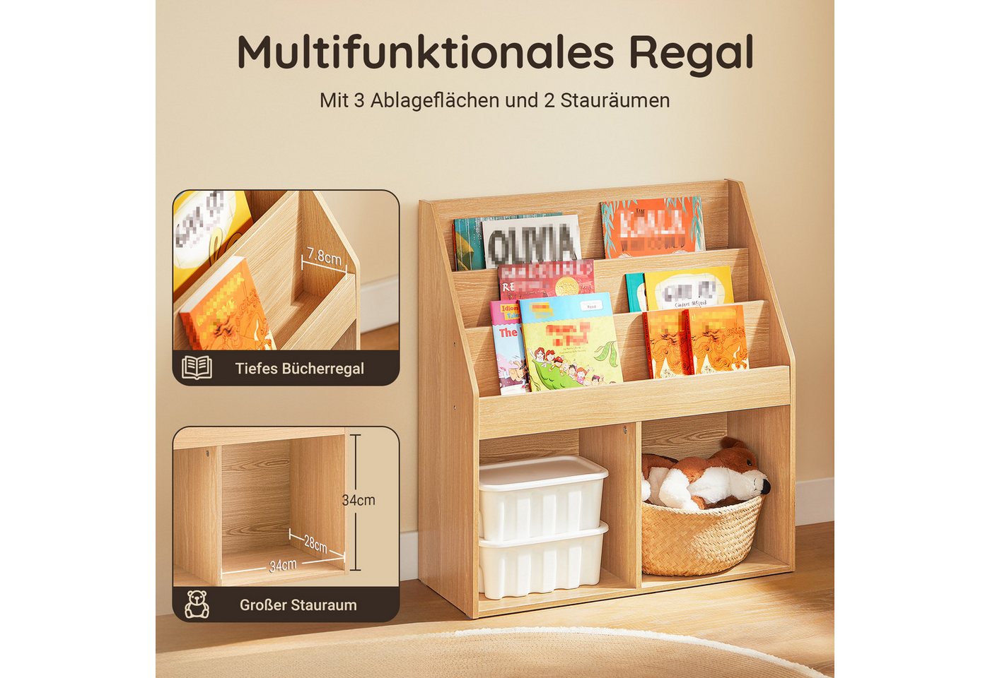 SoBuy Bücherregal KMB01, Spielzeugregal Spielzeugtruhe Standregal Montessori Regal, Kinderregal mit 3 Ablagefächern und 2 offenen Fächern Bücherregal – Bild 3 von 5