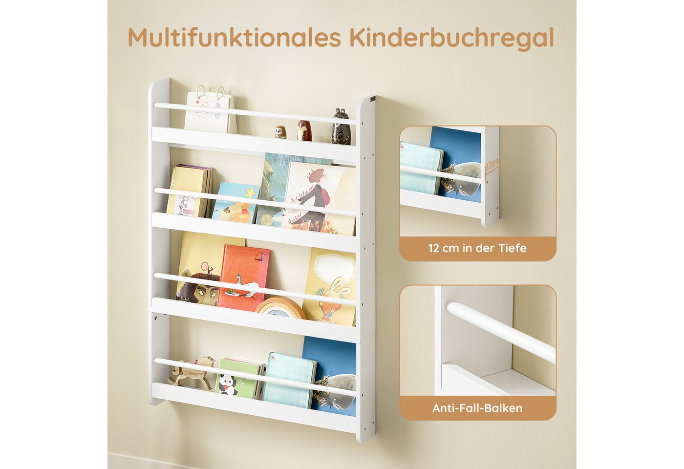 SoBuy Bücherregal KMB08, Spielzeugtruhe Spielzeugregal für Kinderzimmer, Spielzimmer, Kinderregal mit 4 Ablagen für Bücher und Deko Bücherregal Wandregal – Bild 3 von 5