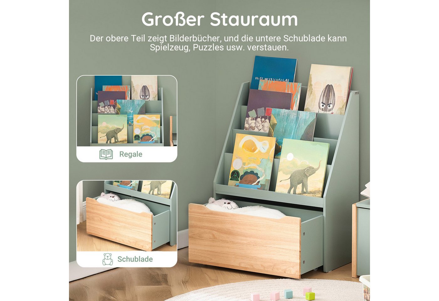 SoBuy Bücherregal KMB17, Kinderregal Aufbewahrungsregal, Kinderzimmer Möbel, mit 3/4 Ablagefächern und einer herausnehmbaren Spielzeugtruhe – Bild 2 von 5