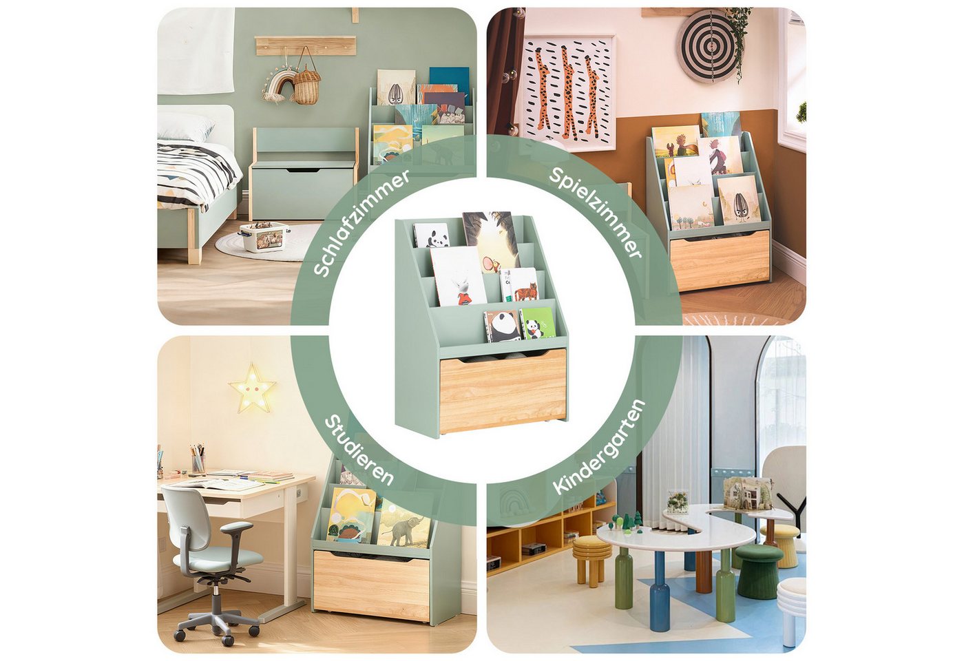 SoBuy Bücherregal KMB17, Kinderregal Aufbewahrungsregal, Kinderzimmer Möbel, mit 3/4 Ablagefächern und einer herausnehmbaren Spielzeugtruhe – Bild 4 von 5