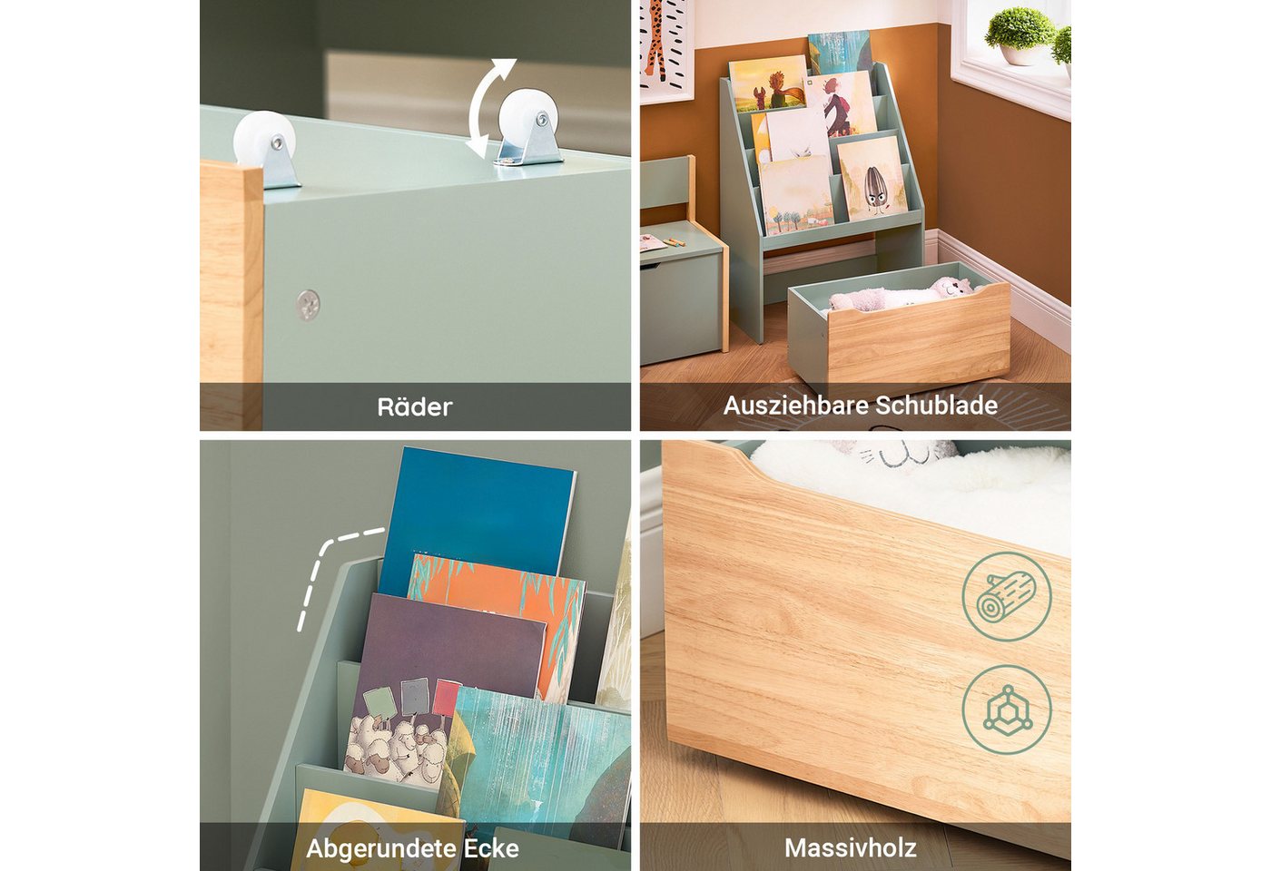 SoBuy Bücherregal KMB17, Kinderregal Aufbewahrungsregal, Kinderzimmer Möbel, mit 3/4 Ablagefächern und einer herausnehmbaren Spielzeugtruhe – Bild 5 von 5