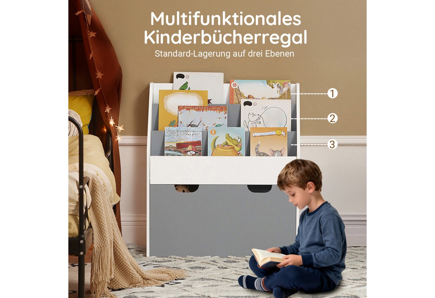 SoBuy Bücherregal KMB17, Kinderregal Aufbewahrungsregal, Kinderzimmer Möbel, mit 3/4 Ablagefächern und einer herausnehmbaren Spielzeugtruhe – Bild 2 von 5