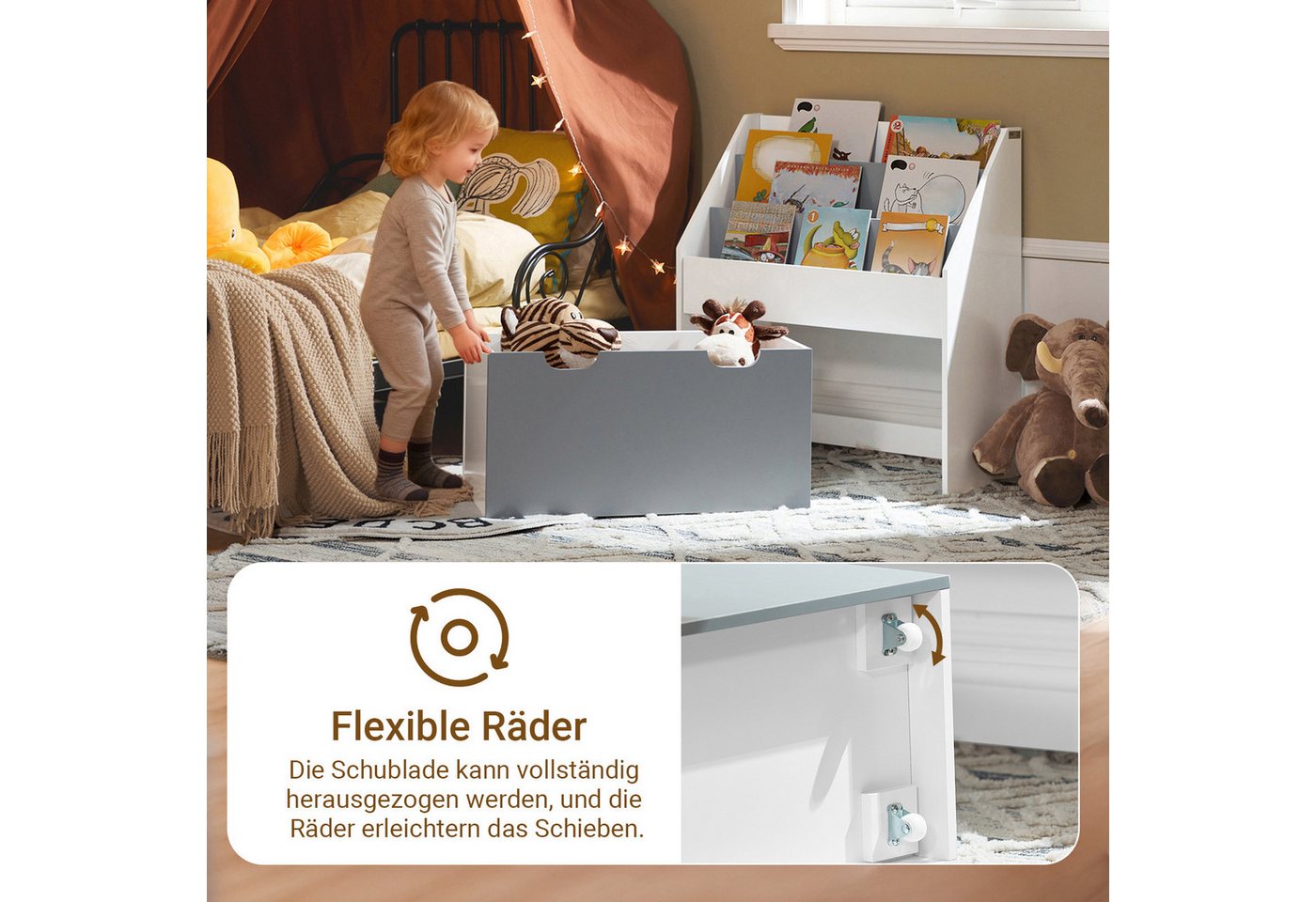 SoBuy Bücherregal KMB17, Kinderregal Aufbewahrungsregal, Kinderzimmer Möbel, mit 3/4 Ablagefächern und einer herausnehmbaren Spielzeugtruhe – Bild 3 von 5
