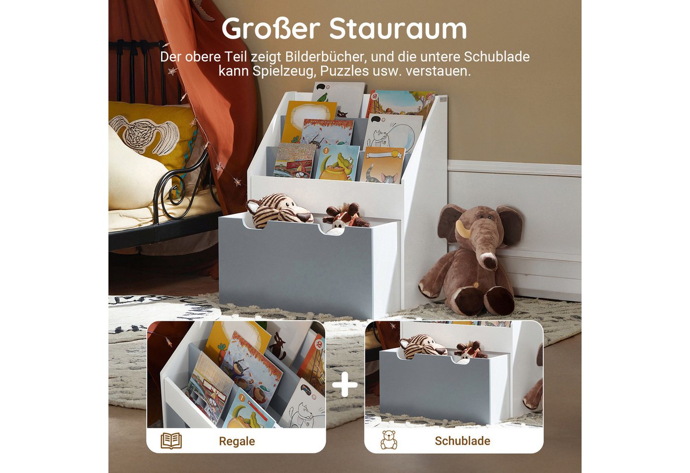SoBuy Bücherregal KMB17, Kinderregal Aufbewahrungsregal, Kinderzimmer Möbel, mit 3/4 Ablagefächern und einer herausnehmbaren Spielzeugtruhe – Bild 4 von 5