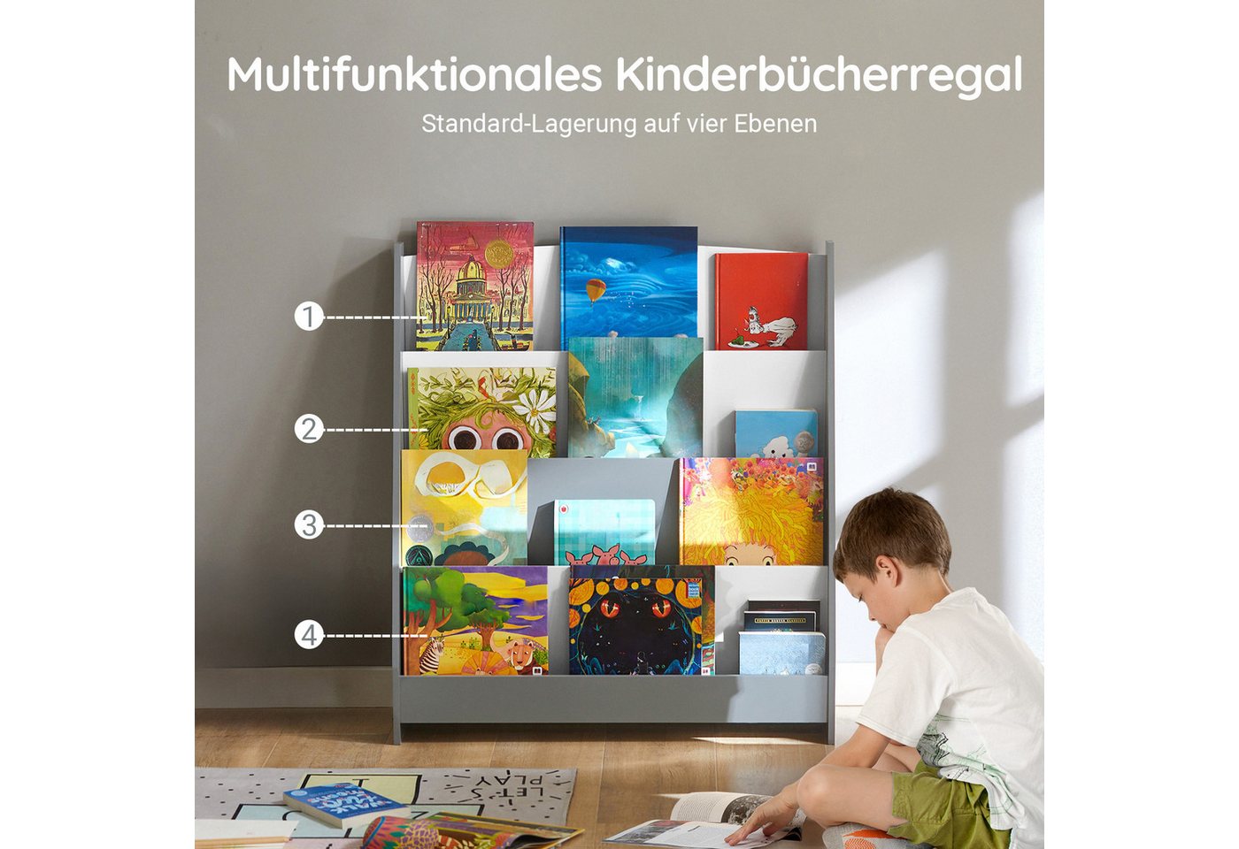 SoBuy Bücherregal KMB32, Spielzeug Aufbewahrung Büchergestell Hängefächerregal, Kinder Bücherregal Kinderregal Zeitungsständer mit 4 Ablagefächern – Bild 2 von 5