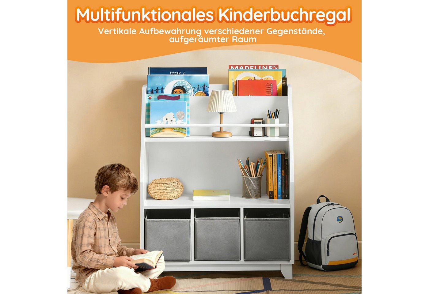 SoBuy Bücherregal KMB34, Kinderregal mit Ablagefächern und 3 Boxen Spielzeugregal – Bild 2 von 5
