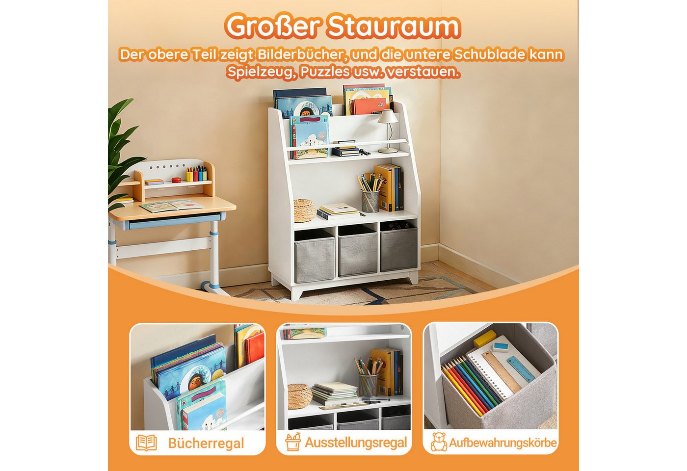 SoBuy Bücherregal KMB34, Kinderregal mit Ablagefächern und 3 Boxen Spielzeugregal – Bild 3 von 5