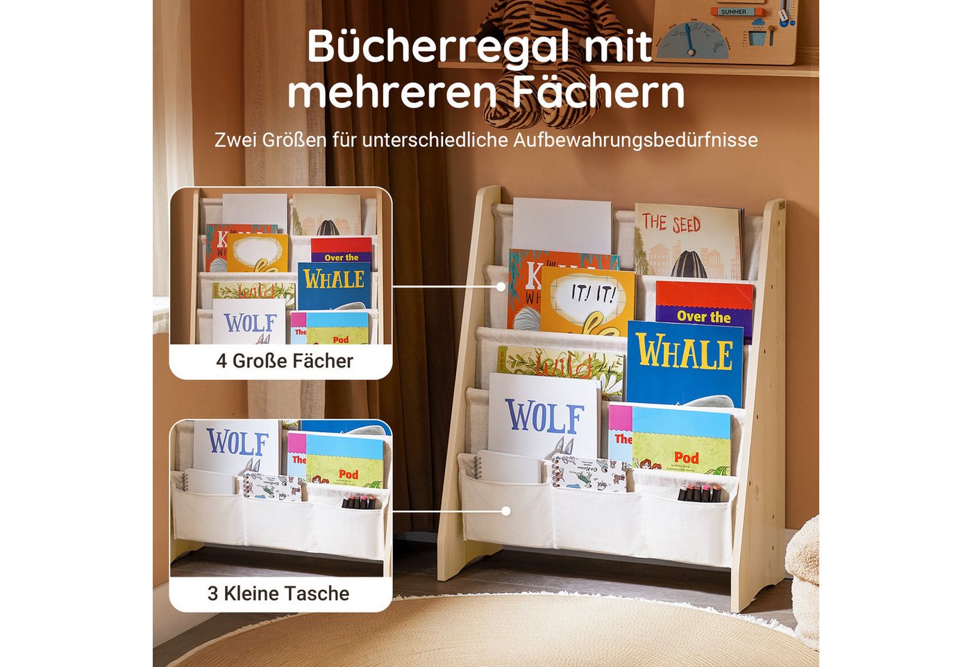 SoBuy Bücherregal KMB50, Bücherregal Kinder, Kinder Bücherregal, Kinderbücherregal, Kinder-Bücherregal Hängefächerregal mit 4 Ablagefächern – Bild 2 von 5