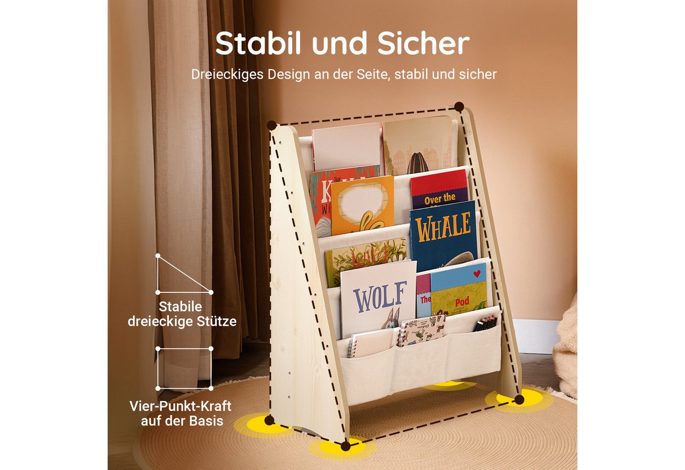 SoBuy Bücherregal KMB50, Bücherregal Kinder, Kinder Bücherregal, Kinderbücherregal, Kinder-Bücherregal Hängefächerregal mit 4 Ablagefächern – Bild 3 von 5