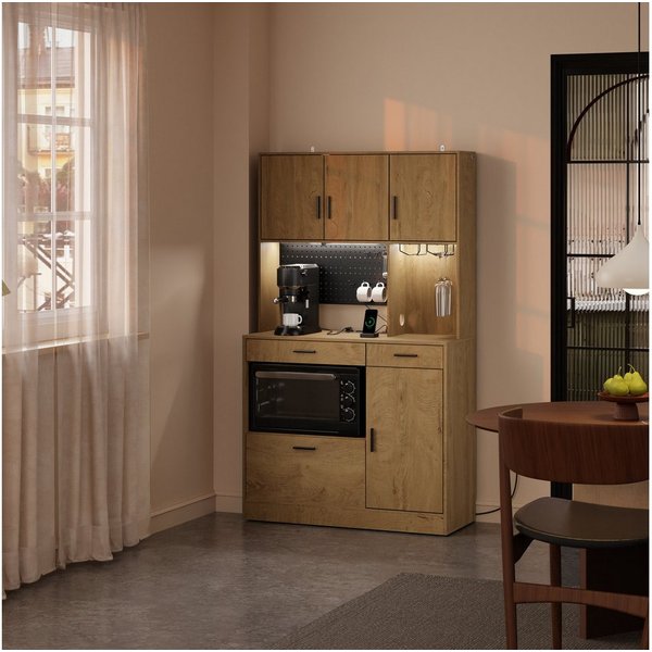 SoBuy Buffet FSB98-L-E, Hochschrank Küchenschrank Buffetschrank mit LED, Steckdose Sideboard mit 4 Türen, 3 Schubladen, USB-Anschluss, Pegboard für Küche