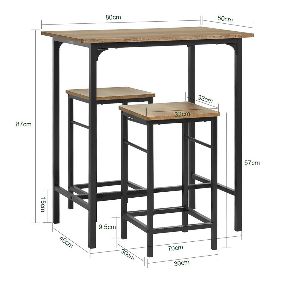 SoBuy Essgruppe OGT10, Küchentisch-Set für 2 Personen, Esstisch Essgruppe Gartentisch, Sitzgruppe Esszimmergruppe Bartisch Bistrotisch (Set, 3-tlg) Esszimmer – Bild 5 von 5
