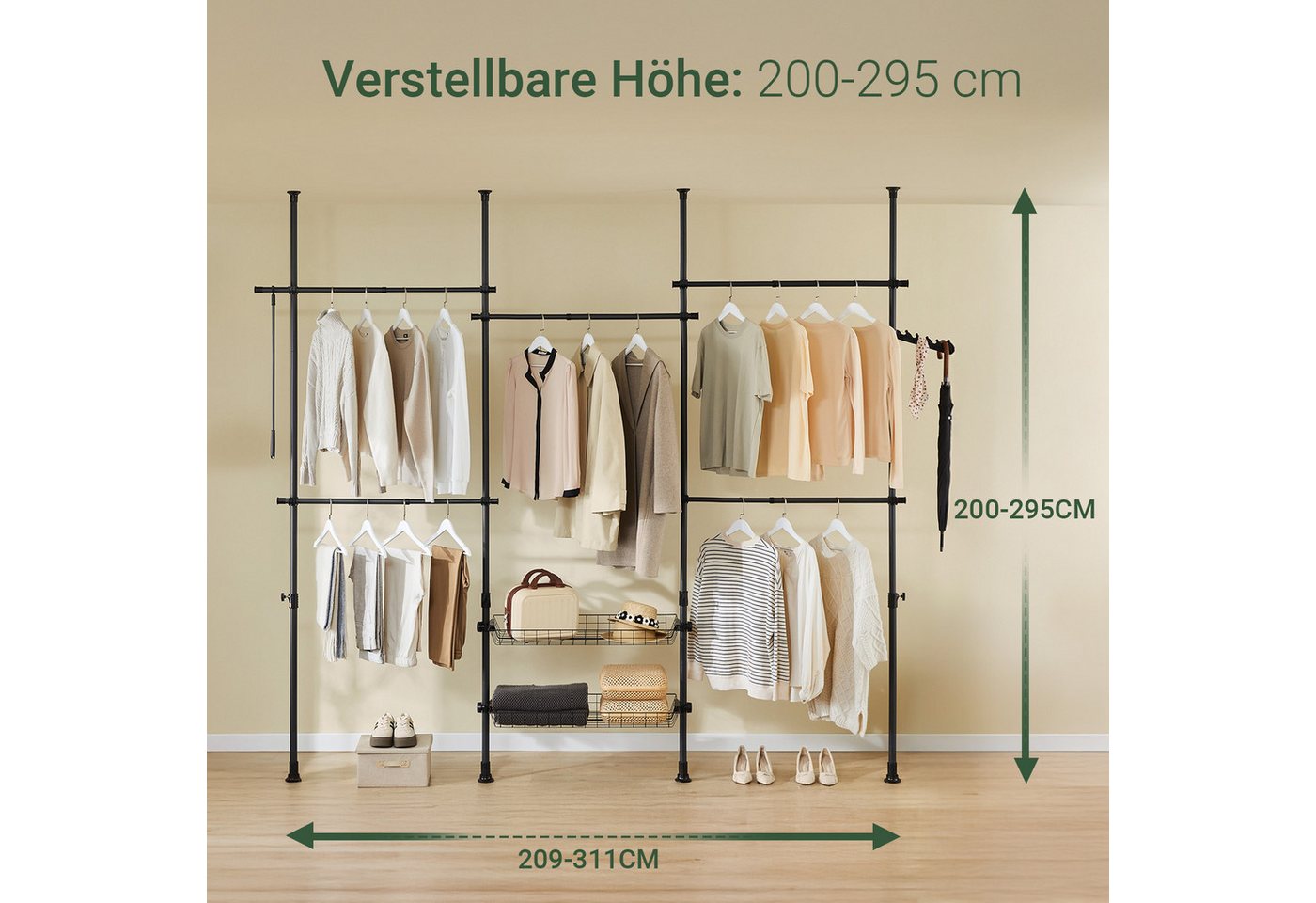 SoBuy Garderobenständer KLS04, Teleskop Kleiderständer, offener Kleiderschrank verstellbar, Garderobenständer mit Kleiderstange, Schuhablage, Schlafzimmer, Flur – Bild 2 von 5