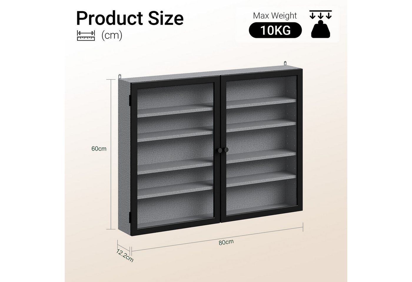 SoBuy Hängevitrine FSB113, Sammlervitrine 10cm 5 Ebenen Wandvitrine für Figuren Modelle (1er Set) Wandschrank mit 4 Verstellbare Böden und 2 Bambus-Acryl-Türen – Bild 4 von 5