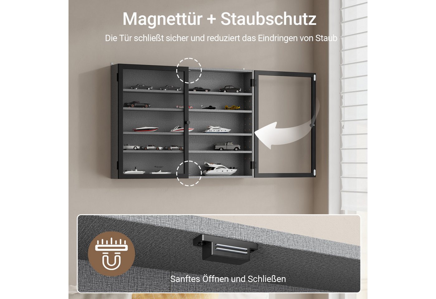 SoBuy Hängevitrine FSB113, Sammlervitrine 10cm 5 Ebenen Wandvitrine für Figuren Modelle (1er Set) Wandschrank mit 4 Verstellbare Böden und 2 Bambus-Acryl-Türen – Bild 5 von 5