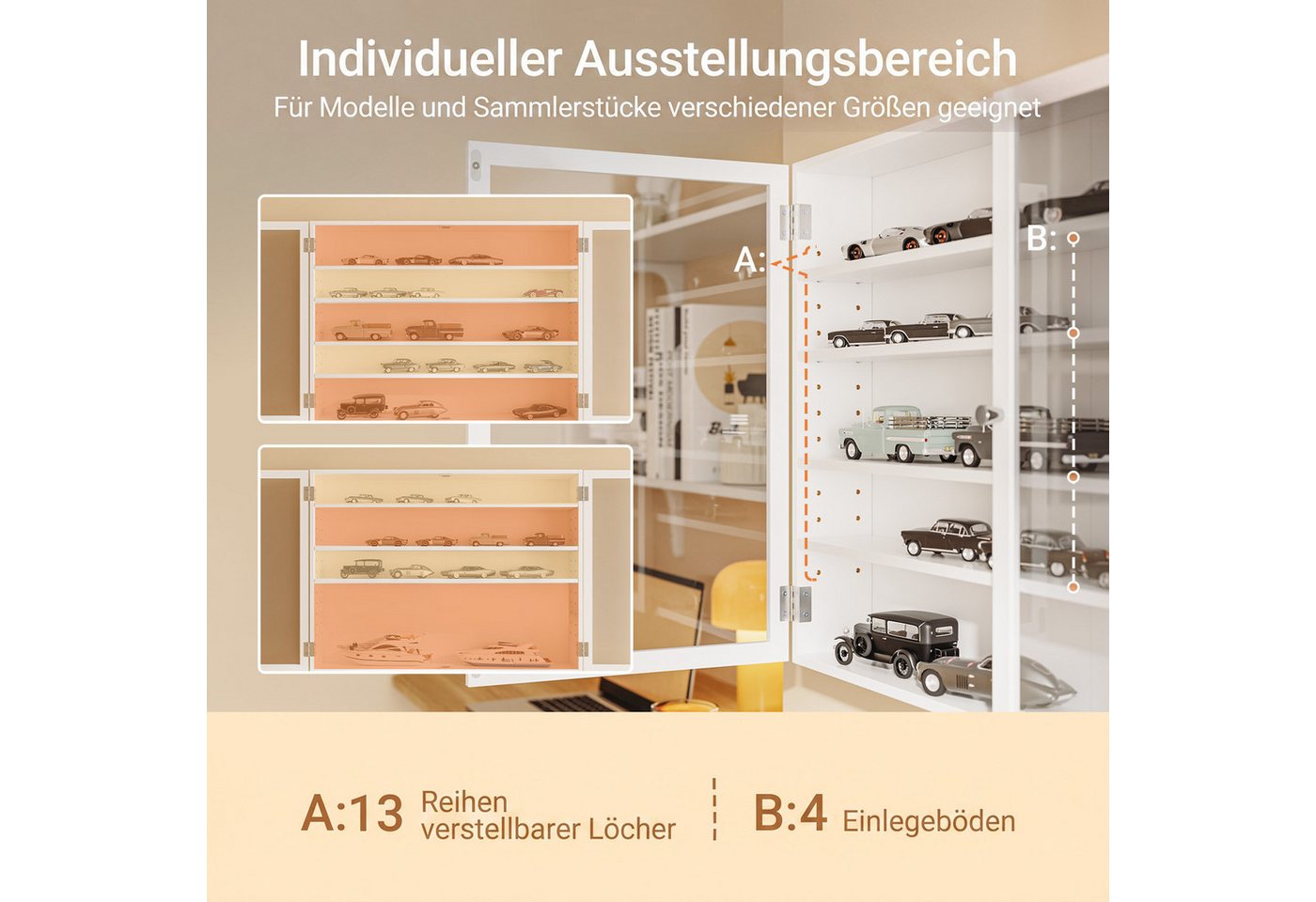 SoBuy Hängevitrine FSB113, Sammlervitrine 10cm 5 Ebenen Wandvitrine für Figuren Modelle (1er Set) Wandschrank mit 4 Verstellbare Böden und 2 Bambus-Acryl-Türen – Bild 3 von 5