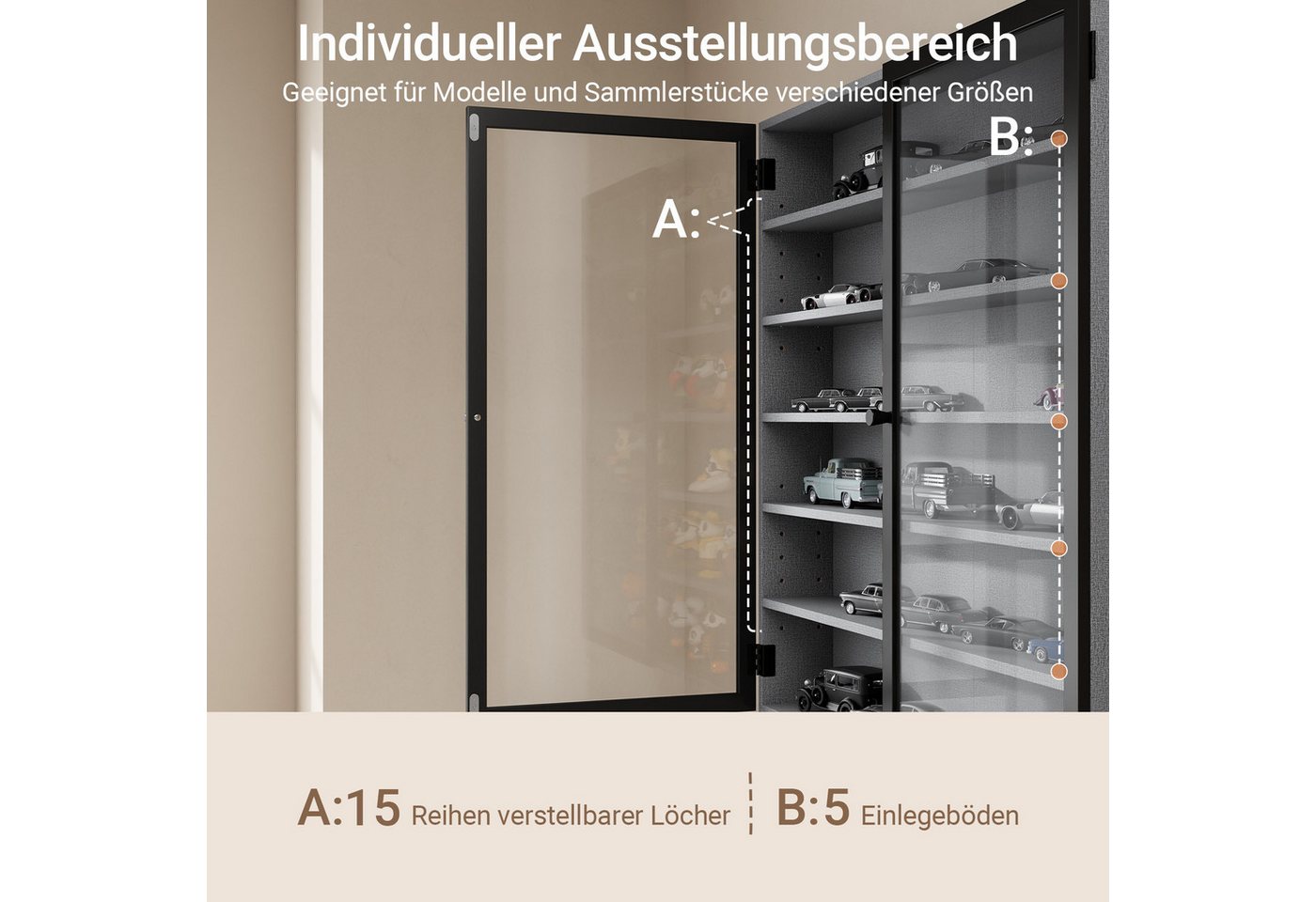 SoBuy Hängevitrine FSB113-H, Sammlervitrine 10cm 6 Ebenen Wandvitrine für Figuren Modelle (1er Set) Wandschrank mit 4 Verstellbare Böden und 2 Bambus-Acryl-Türe – Bild 2 von 5