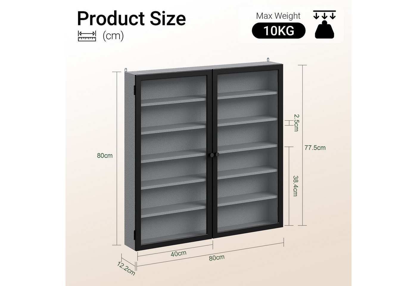 SoBuy Hängevitrine FSB113-H, Sammlervitrine 10cm 6 Ebenen Wandvitrine für Figuren Modelle (1er Set) Wandschrank mit 4 Verstellbare Böden und 2 Bambus-Acryl-Türe – Bild 3 von 5