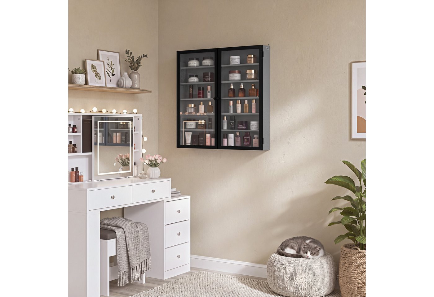 SoBuy Hängevitrine FSB113-H, Sammlervitrine 10cm 6 Ebenen Wandvitrine für Figuren Modelle (1er Set) Wandschrank mit 4 Verstellbare Böden und 2 Bambus-Acryl-Türe – Bild 4 von 5