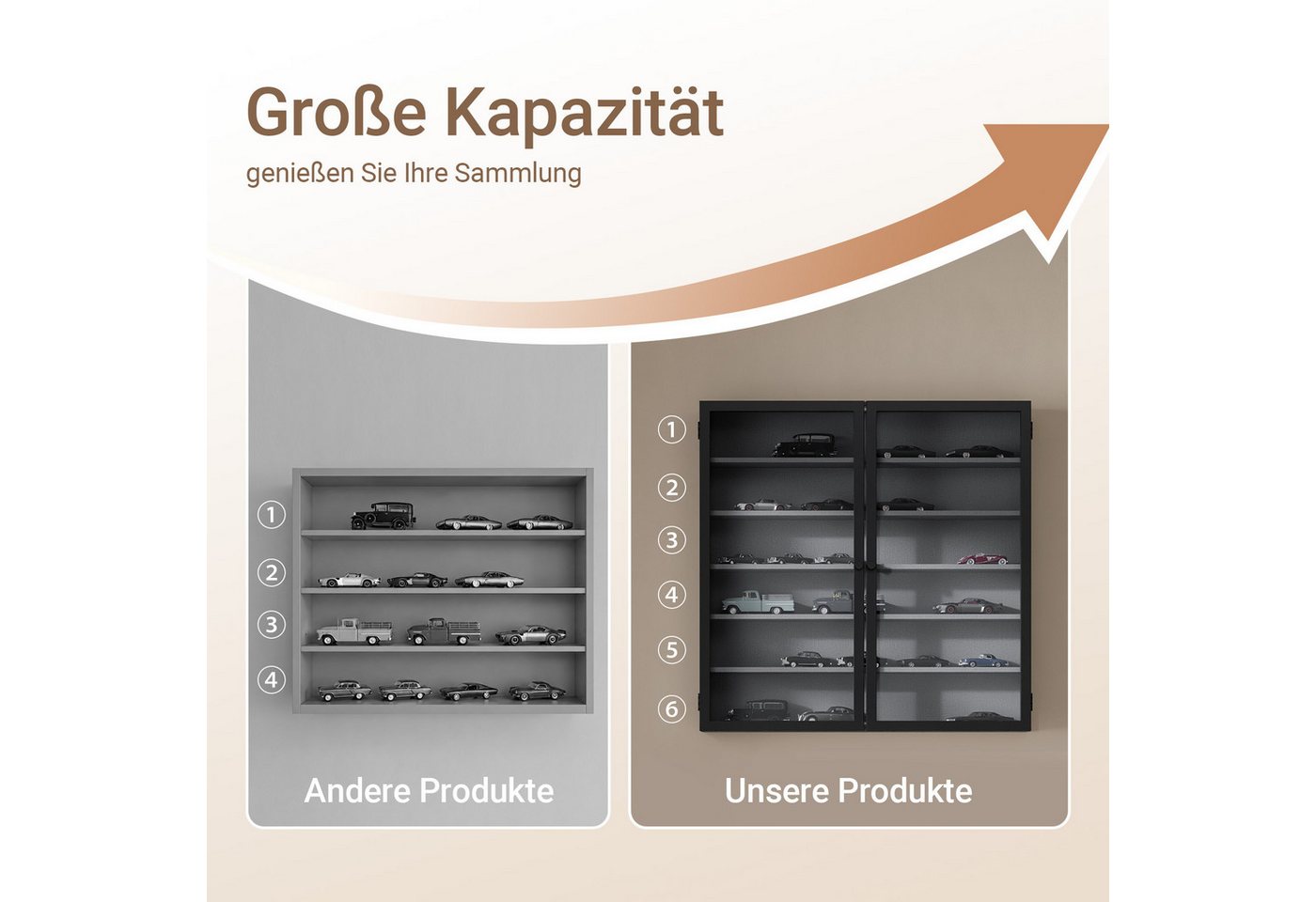 SoBuy Hängevitrine FSB113-H, Sammlervitrine 10cm 6 Ebenen Wandvitrine für Figuren Modelle (1er Set) Wandschrank mit 4 Verstellbare Böden und 2 Bambus-Acryl-Türe – Bild 5 von 5