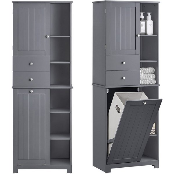 SoBuy Hochschrank BZR104, Badezimmerschrank, 4-in-1 Badkommode, Aufbewahrungsschrank Wäscheschrank, offenen Fächern, mit Wäschekorb, Schrank für Badezimmer