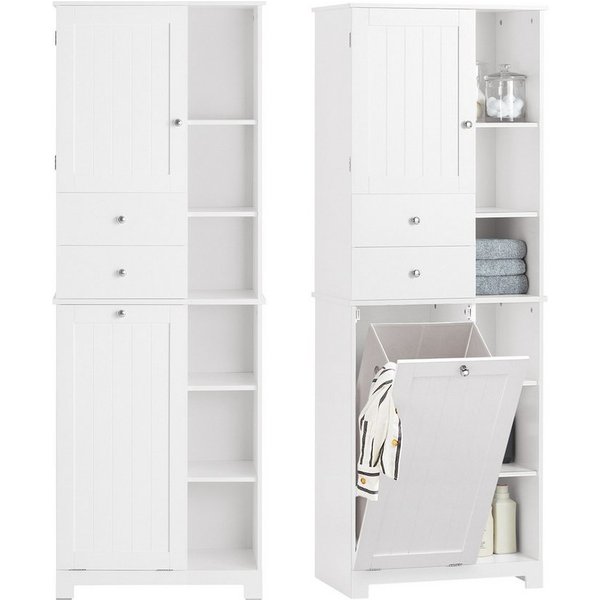 SoBuy Hochschrank BZR104, Badezimmerschrank, 4-in-1 Badkommode, Aufbewahrungsschrank Wäscheschrank, offenen Fächern, mit Wäschekorb, Schrank für Badezimmer
