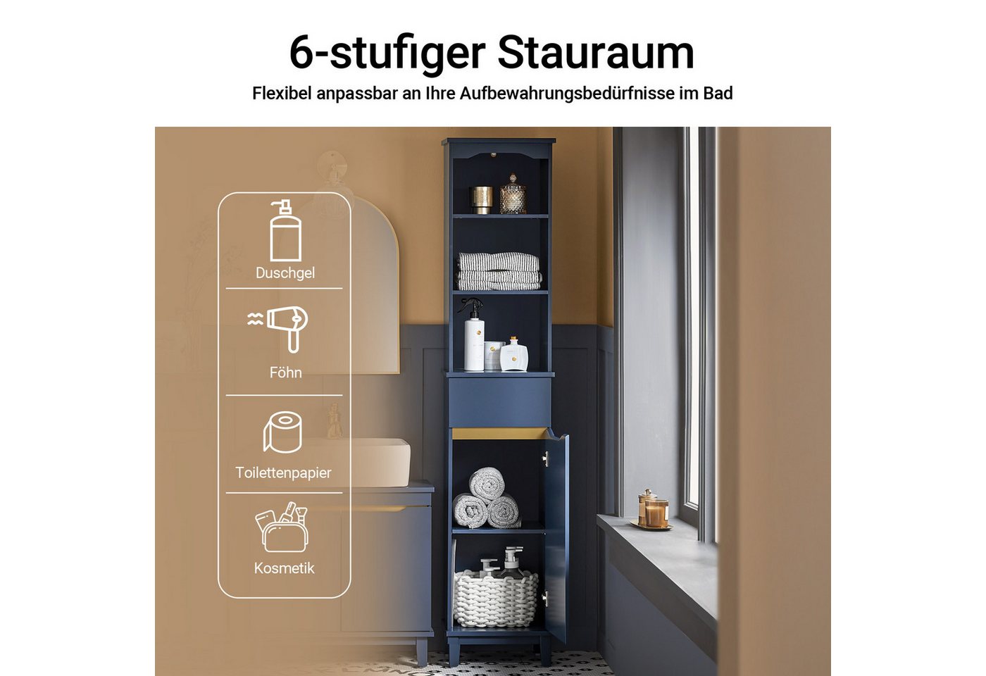 SoBuy Hochschrank BZR112, Badschrank schmal Badregal Badezimmerschrank Badezimmermöbel Badkommode Aufbewahrungsschrank, verstellbare Ablagen, offenes Fach – Bild 3 von 5