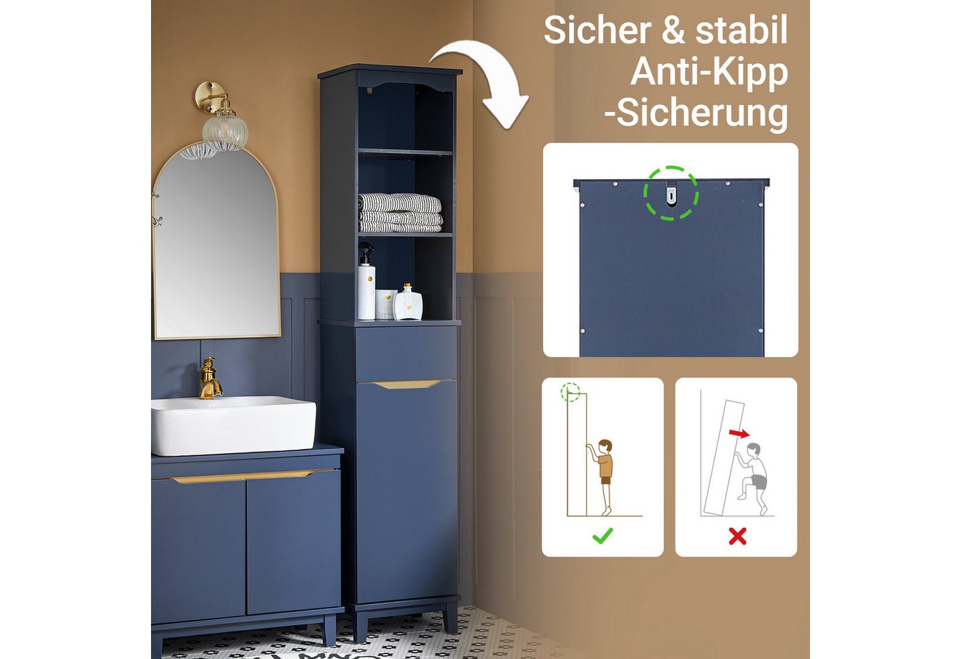 SoBuy Hochschrank BZR112, Badschrank schmal Badregal Badezimmerschrank Badezimmermöbel Badkommode Aufbewahrungsschrank, verstellbare Ablagen, offenes Fach – Bild 4 von 5