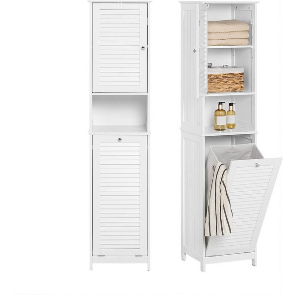 SoBuy Hochschrank BZR124, Badschrank schmal, Badschrank mit Regal, Badezimmer Schrank Badezimmerschrank mit Wäschesack Wäscheschrank Badezimmermöbel