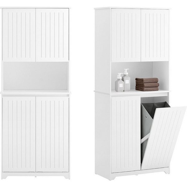 SoBuy Hochschrank BZR150, Badezimmerschrank mit Wäschekorb für Badezimmer, Wäscheschrank Badschrank mit 4 Türen und 2 Wäschekörben, offenes Fach, Soft-Close